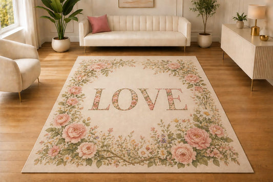 ICE ARMOR 5' x 7' Romantic Rose Garden Love Area Rug, Soft Low Pile Indoor Rug with Non-Slip Silicone Backing for Living Room, Bedroom, Office, Family Room, Cream Pink Blush