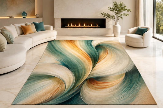 ICE ARMOR "Ultra Lightweight Large 6'7" x 9'10" Flowing Ocean Ribbons Area Rug for Living Room, Bedroom and Home Office, Soft Low Pile Carpet with Non-Slip Silicone Backing, Teal and Cream