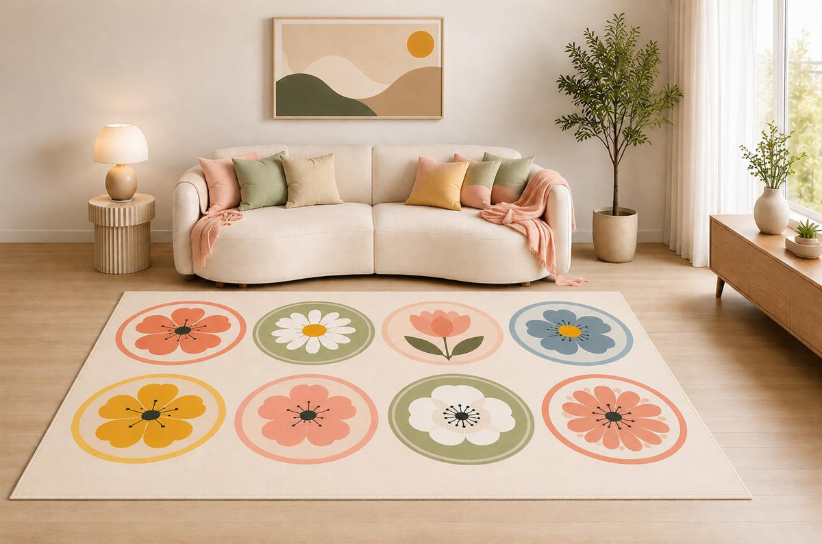 ICE ARMOR 5' x 7' Retro Flower Area Rug, Pastel Floral Circle Pattern Design for Living Room Bedroom Nursery, Non-Slip Silicone Backing, Low Pile Carpet