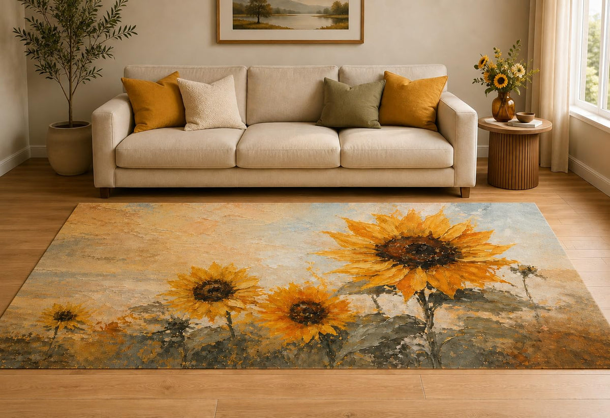 ICE ARMOR "Ultra Lightweight Large 6'7" x 9'10" Sunflower Meadow Area Rug for Living Room, Bedroom and Home Office, Soft Low Pile Carpet with Non-Slip Silicone Backing, Yellow and Gray