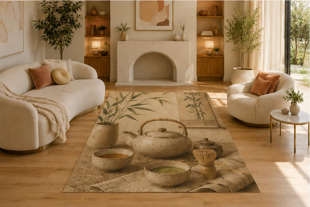 ICE ARMOR 5' x 7' Japanese Tea Ceremony Area Rug, Soft Low Pile Non-Slip Indoor Carpet for Living Room, Bedroom, Office, Meditation Room and Zen Inspired Home Decor, Beige