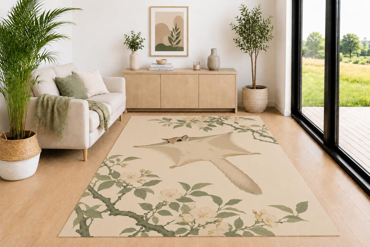 ICE ARMOR 5' x 7' Flying Squirrel Blossom Area Rug for Living Room, Soft Low Pile Indoor Rug with Non-Slip Backing, Nature Carpet for Bedroom, Dining Room, Office, Cream Sage