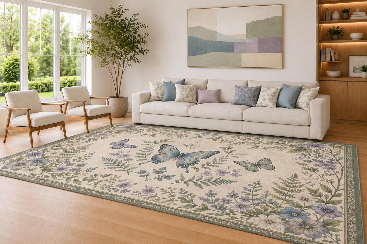 ICE ARMOR Large 6'7" x 9'10" Ivory and Lavender Butterfly Garden Area Rug for Living Room, Soft Low Pile Carpet with Non-Slip Silicone Backing, Decor for Bedroom and Home Office
