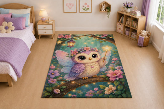 ICE ARMOR "Ultra Thin 5' x 7" Fairy Owl Garden Area Rug for Living Room, Bedroom and Home Office, Soft Low Pile Carpet with Non-Slip Silicone Backing, Purple and Pink