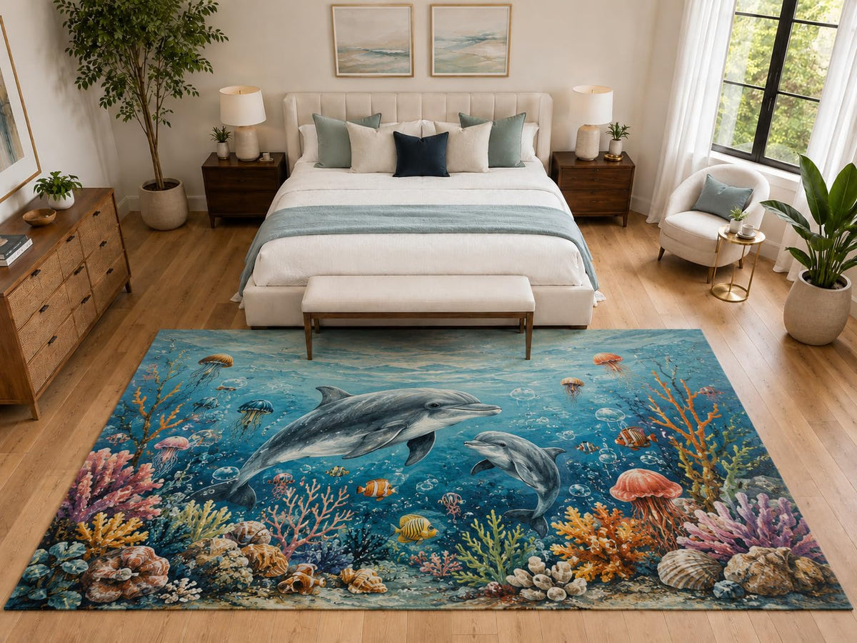 ICE ARMOR "Ultra Light Weight Large 6'7" x 9'10" Dolphin Reef for Bedroom, Soft Low Pile Indoor Rug and Non-Slip Silicone Backing, Aqua Blue