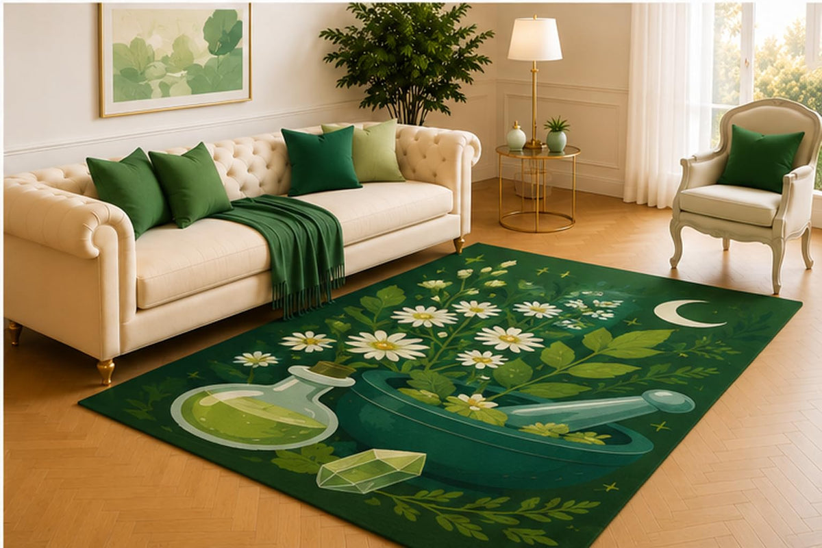 ICE ARMOR 5' x 7' Moonlit Herbal Cauldron Rug, White Daisies, Potion Bottle and Crystal Details on Forest Green, Mystical Accent for Study, Bedroom or Reading Nook