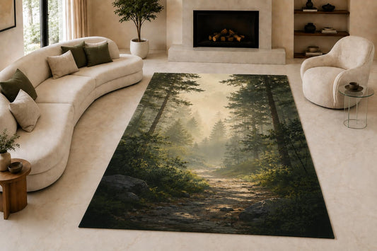 ICE ARMOR "Ultra Lightweight Large 6'7" x 9'10" Sunlit Woodland Trail Area Rug for Living Room, Bedroom and Home Office, Soft Low Pile Carpet with Non-Slip Silicone Backing, Olive and Beige