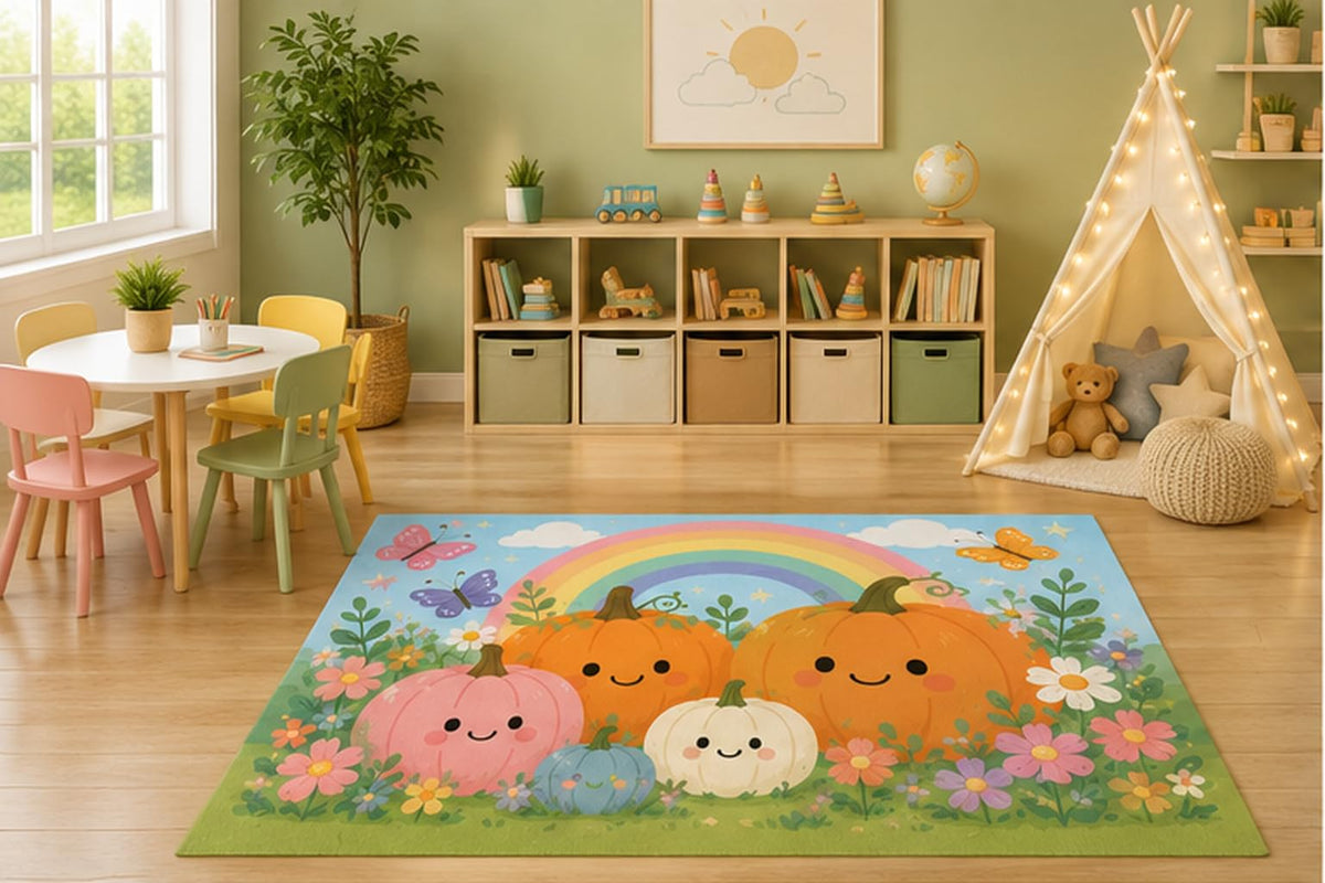 ICE ARMOR 5' x 7' Smiling Pumpkin Rainbow Garden Kids Area Rug, Cute Autumn Floral Cartoon Nursery Playroom Bedroom Classroom Decor, Non-Slip Silicone Backing Low Pile