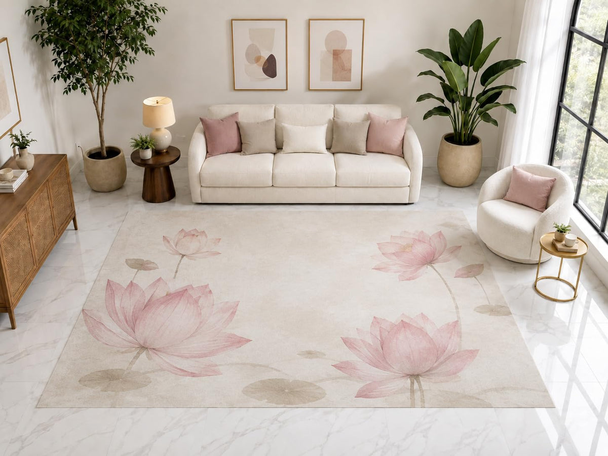ICE ARMOR "Ultra Light Weight Large 6'7" x 9'10" Pink Lotus Floral Rug, Soft Low Pile Indoor Rug, Non-Slip Silicone Backing for Bedroom Cream Pink