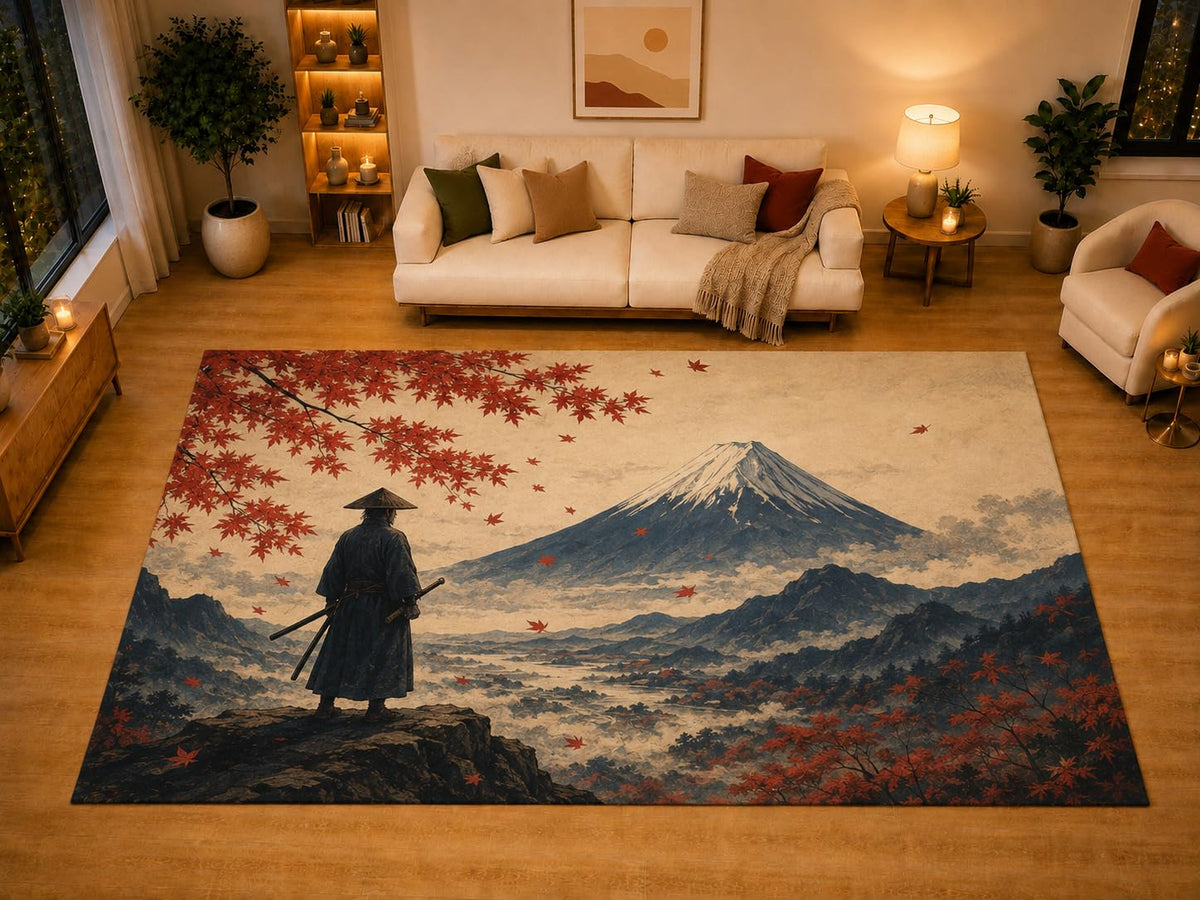 ICE ARMOR "Ultra Light Weight Large 6'7" x 9'10" Mount Fuji Samurai Area Rug for Living Room Bedroom Dining Area, Soft Low Pile Non-Slip Backing, Beige Red Blue Japanese Warrior Decor