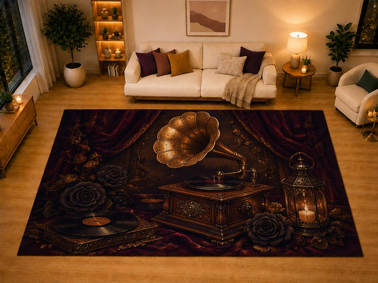 ICE ARMOR "Ultra Light Weight Large 6'7" x 9'10" Vintage Gramophone Gothic Area Rug for Living Room Bedroom Dining Area, Soft Low Pile Non-Slip Backing, Burgundy Black Dark Academia Decor