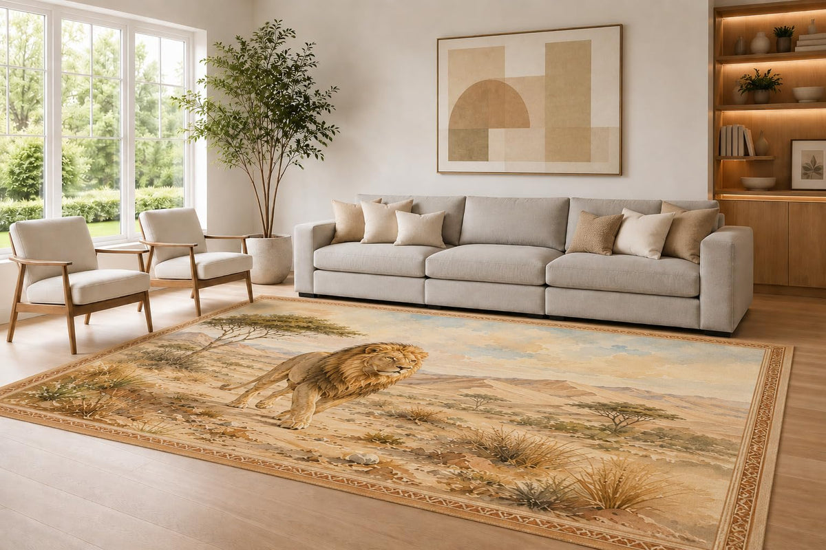 ICE ARMOR Large 6'7" x 9'10" Beige and Cream Desert Lion Area Rug for Living Room, Soft Low Pile Carpet with Non-Slip Silicone Backing, Decor for Bedroom Dining Room and Home Office