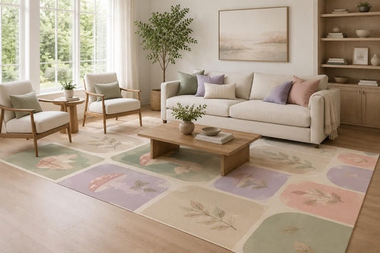 ICE ARMOR Large 6'7" x 9'10" Blush and Sage Botanical Patchwork Area Rug for Living Room, Soft Low Pile Carpet with Non-Slip Silicone Backing, Decor for Bedroom, Dining Area and Home Office