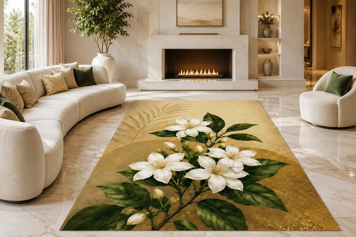 ICE ARMOR "Ultra Lightweight Large 6'7" x 9'10" White Blossom Cluster Area Rug for Living Room, Bedroom and Home Office, Soft Low Pile Carpet with Non-Slip Silicone Backing, Cream and Green