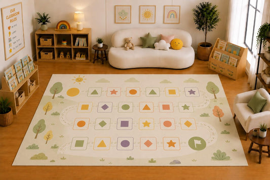 ICE ARMOR Large 6'7" x 9'10" Shape Path Learning Game Area Rug for for Kids Room, Classroom, Bedroom, Playroom Decor, Soft Low Pile Indoor Rug with Non-Slip Silicone Backing, Pastel Multicolor