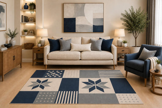 ICE ARMOR "Ultra Light Weight 5' x 7' Modern Patchwork Area Rug Navy Blue Gray Cream Starburst Stripe Pattern for Living Room Bedroom Dining Room Office Non-Slip Silicone Backing Low Pile