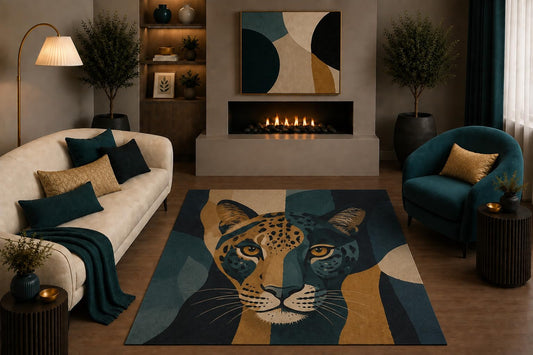 ICE ARMOR "Ultra Light Weight 5' x 7' Abstract Leopard Area Rug Teal Gold Modern Boho Big Cat Art for Living Room Bedroom Office Non-Slip Silicone Backing Low Pile