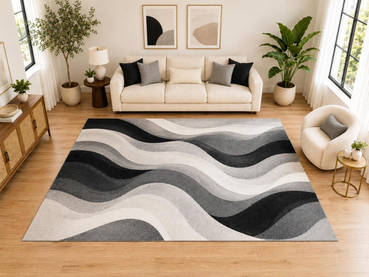 ICE ARMOR "Ultra Light Weight Large 6'7" x 9'10" Abstract Layered Wave Area Rug, Soft Low Pile Indoor Rug and Non-Slip Silicone Backing for Living Room Bedroom, Gray