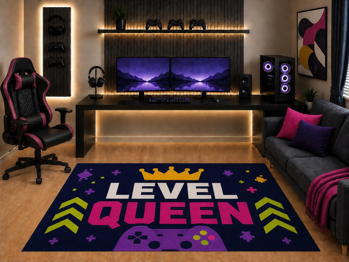 ICE ARMOR "Ultra Light Weight 5' x 7' Level Queen Gaming Area Rug Crown Controller Graphic for Girls Teen Bedroom Game Room Playroom Non-Slip Silicone Backing Low Pile