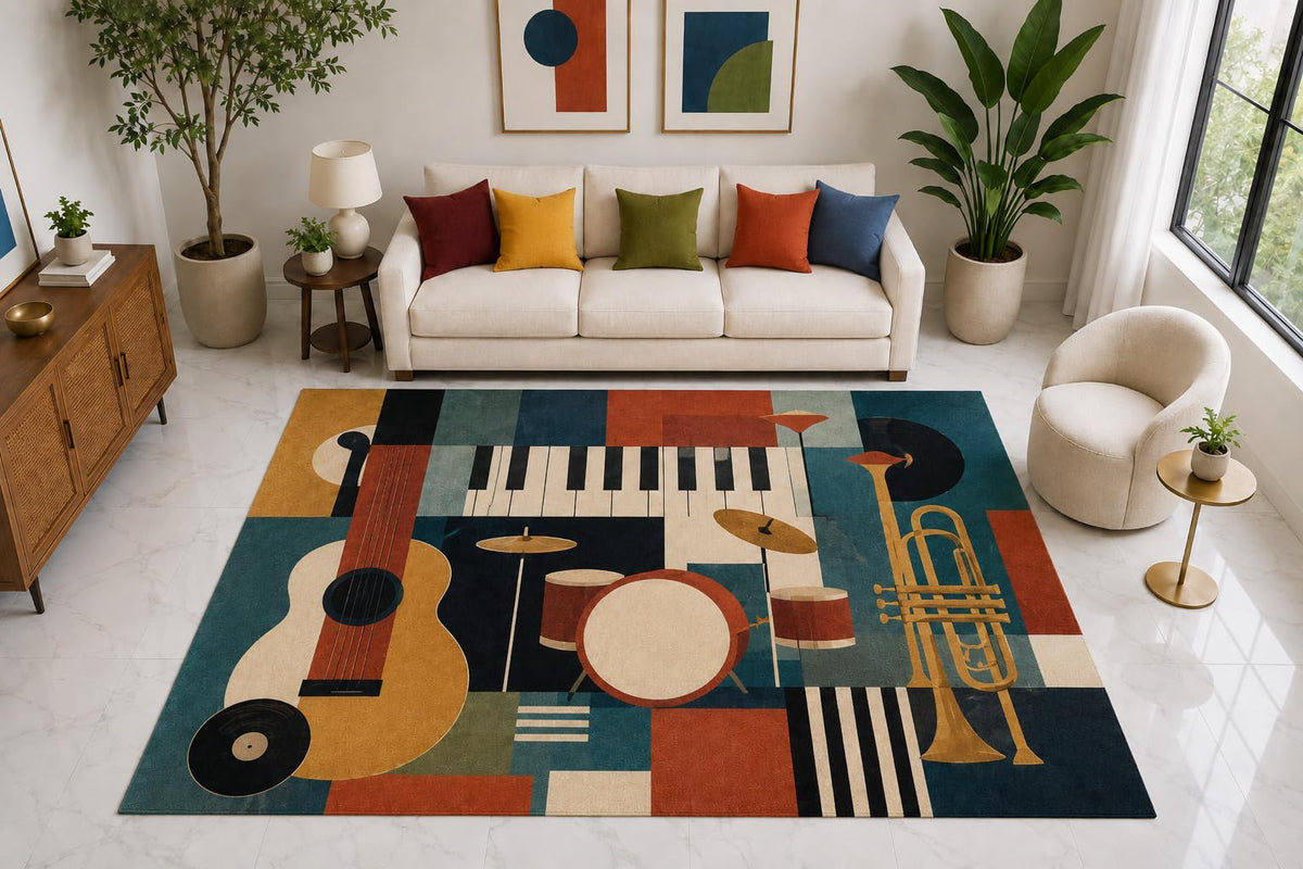 ICE ARMOR "Ultra Light Weight Large 6'7" x 9'10" Jazz Instrument Set Rug, Soft Low Pile Indoor Rug, Non-Slip Silicone Backing for Living Room Teal