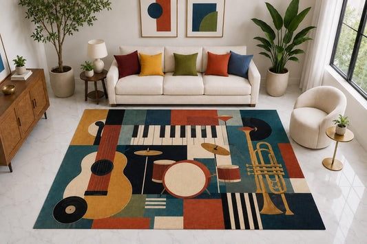 ICE ARMOR "Ultra Light Weight Large 6'7" x 9'10" Jazz Instrument Set Rug, Soft Low Pile Indoor Rug, Non-Slip Silicone Backing for Living Room Teal