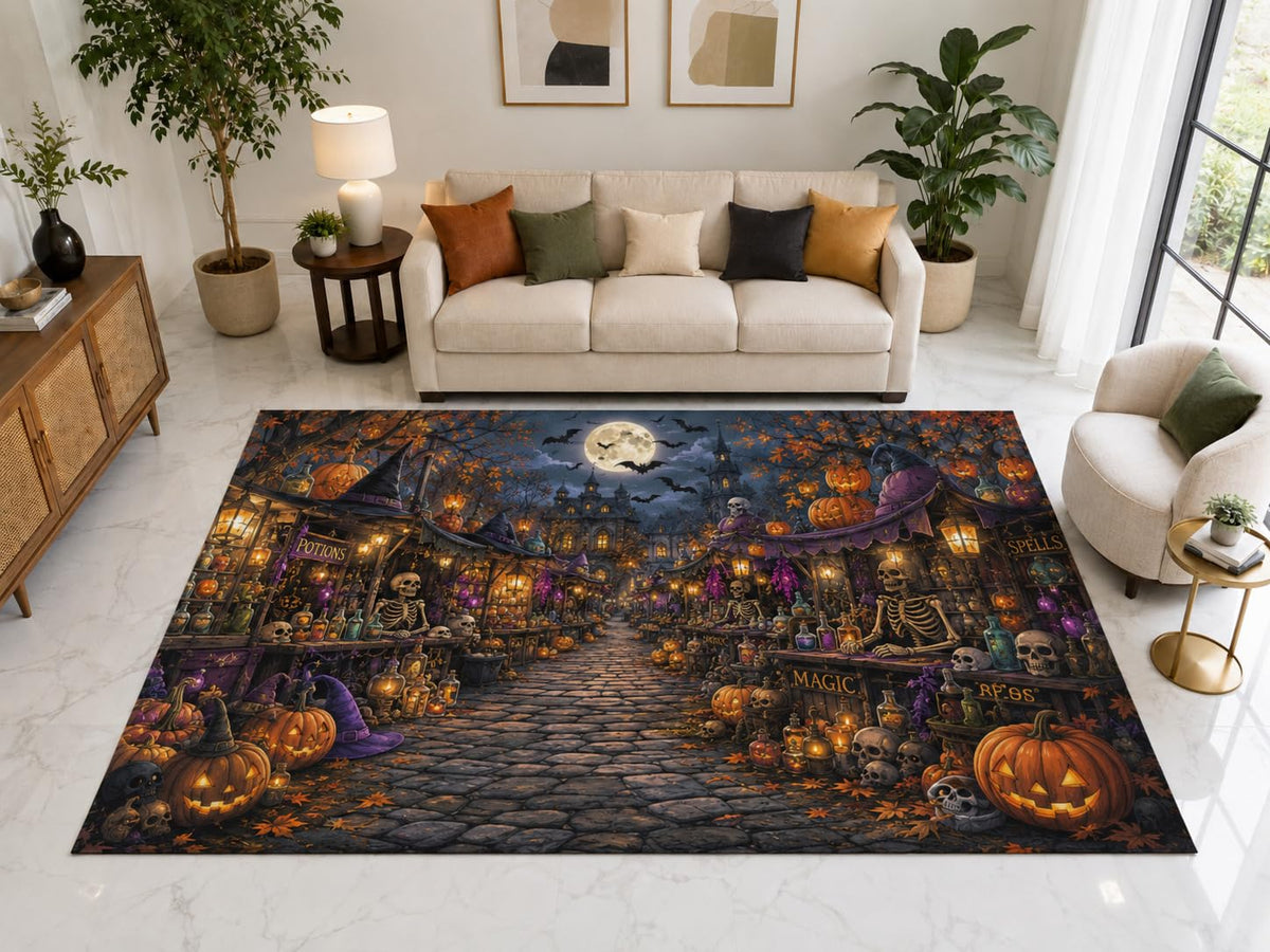 ICE ARMOR "Ultra Light Weight Large 6'7" x 9'10" Witch Market Skeleton Rug, Soft Low Pile Indoor Rug, Non-Slip Silicone Backing for Family Room Black