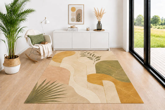 ICE ARMOR 5' x 7' Marble Effect Area Rug, Botanical Rainbow Pattern in Neutral Earth Tone Colors with Palm Leaves, Floor Carpet for Living Room Bedroom Dining Room
