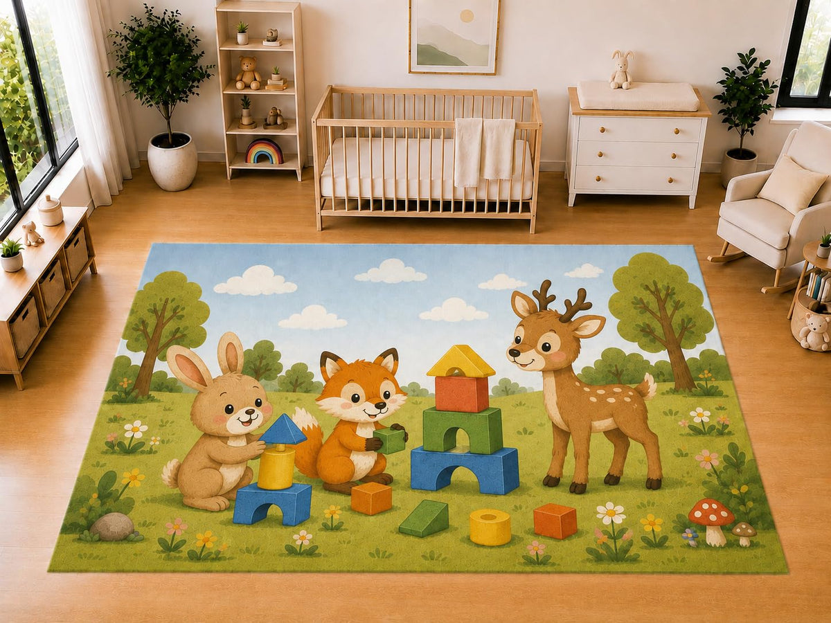 ICE ARMOR "Ultra Light Weight Large 6'7 x 9'10 Woodland Building Blocks Area Rug for Kids Room Nursery Playroom Soft Low Pile Indoor Carpet Learning Activity Floor Decor