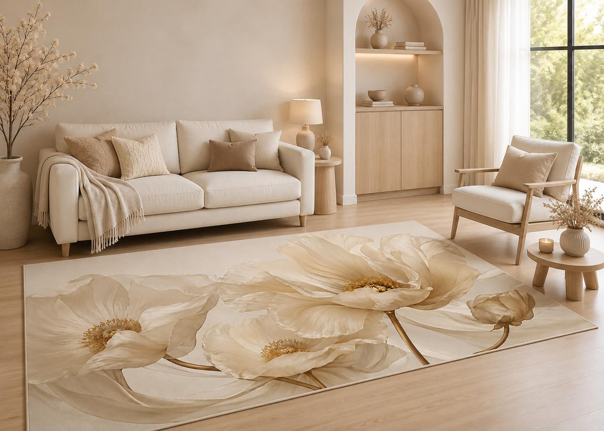ICE ARMOR 5' x 7' Neutral Floral Area Rug with Non-Slip Silicone Backing Low Pile Soft Carpet for Living Room Bedroom Nursery Ivory Botanical Bloom Decor