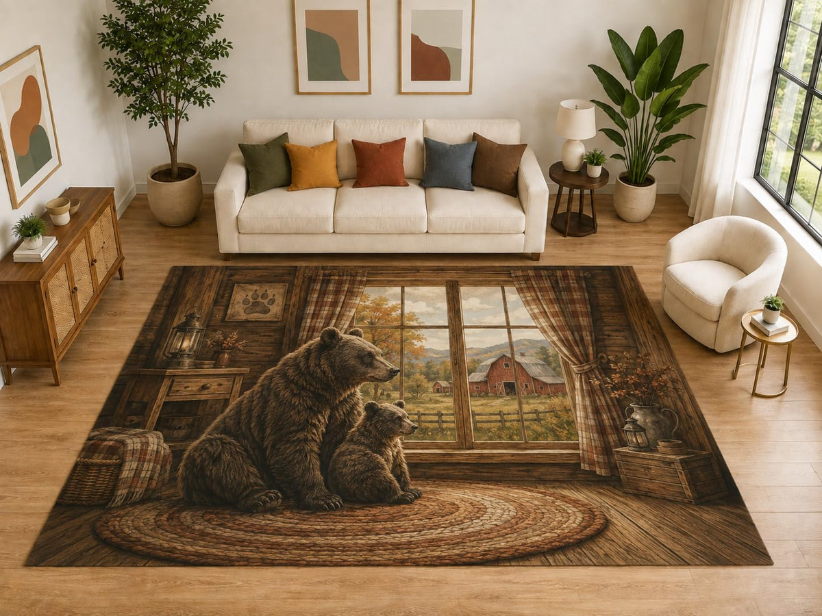 ICE ARMOR "Ultra Light Weight Large 6'7" x 9'10" Bear Cabin Window Rug, Soft Low Pile Indoor Rug, Non-Slip Silicone Backing for Family Room Brown