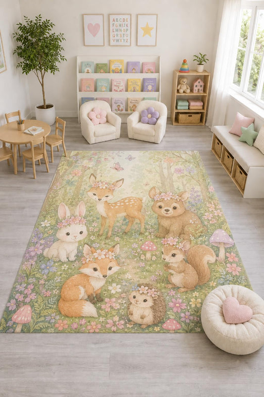 ICE ARMOR "Ultra Light Weight Large 6'7" x 9'10" Woodland Animals Floral Rug, Soft Low Pile Indoor Rug, Non-Slip Silicone Backing for Nursery Green