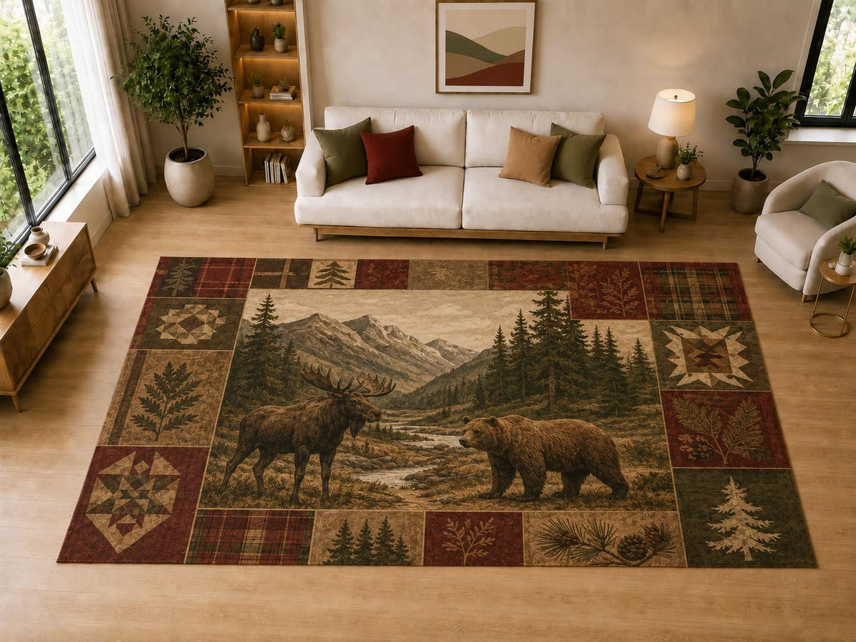ICE ARMOR "Ultra Light Weight Large 6'7" x 9'10" Moose Bear Forest Decor, Living Room, Bedroom, Dining Room, Office, Family Room, Soft Low Pile Indoor Rug, Non-Slip Silicone Backing, Brown