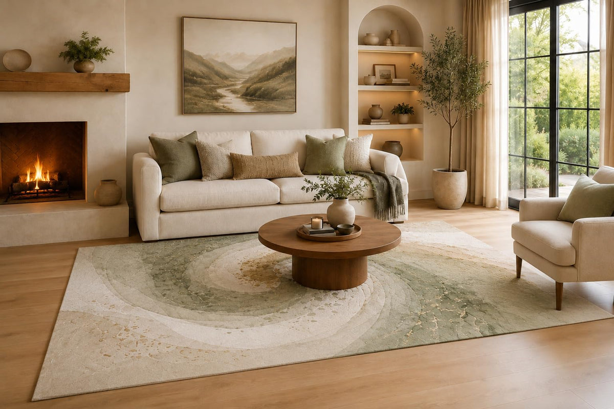 ICE ARMOR Large 6'7" x 9'10" Olive Green and Ivory Circular Marble Current Area Rug for Living Room, Soft Low Pile Carpet with Non-Slip Silicone Backing, Decor for Bedroom and Home Office