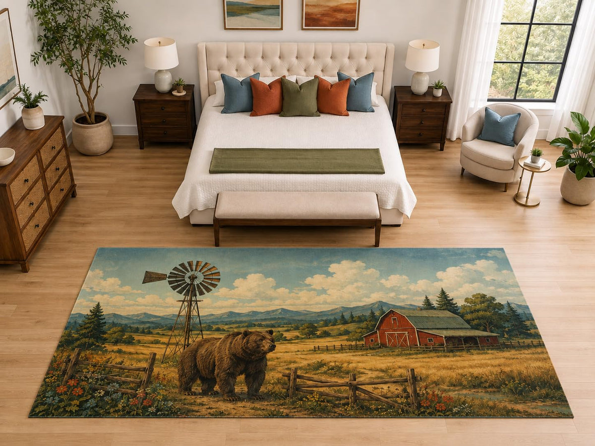 ICE ARMOR "Ultra Light Weight Large 6'7" x 9'10" Bear Windmill Farm Area Rug, Soft Low Pile Indoor Rug, Non-Slip Silicone Backing, Living Room, Brown