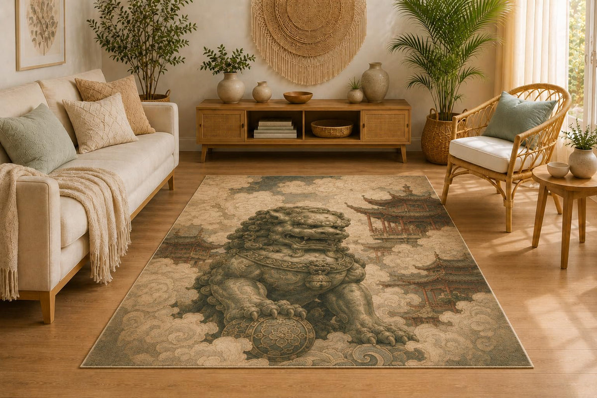ICE ARMOR 5' x 7' Chinese Guardian Lion Area Rug, Oriental Temple Artwork, Soft Low Pile Rug with Non-Slip Silicone Backing for Living Room, Bedroom, Office
