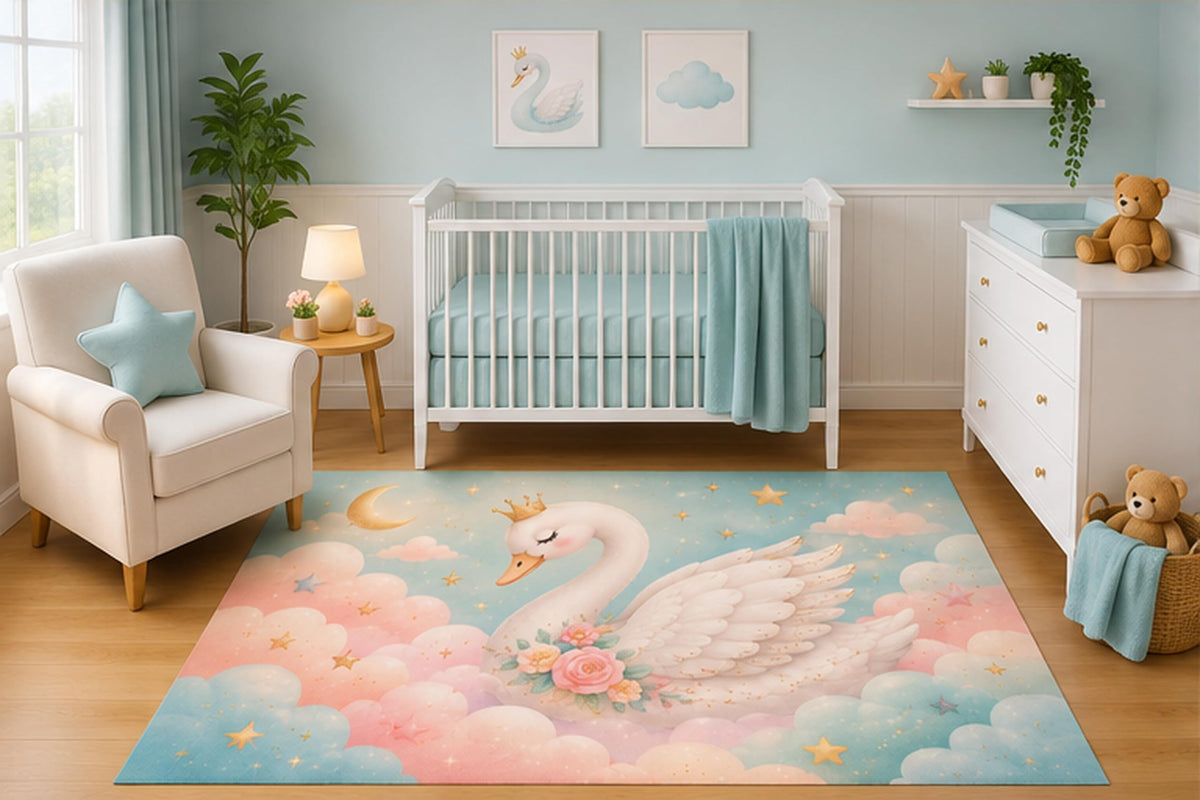 ICE ARMOR 5' x 7' Princess Swan Area Rug for Nursery Room, Cute Crown Floral Clouds and Stars Fantasy Design for Baby Girl Bedroom Decor, Non-Slip Silicone Backing Low Pile