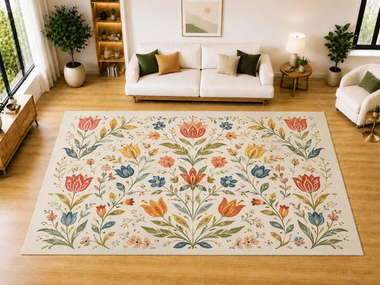 ICE ARMOR "Ultra Light Weight Large 6'7 x 9'10 Folk Art Tulip Garden Area Rug for Living Room, Dining Room, and Bedroom, Soft Low Pile Indoor Rug, Decorative Floor Accent