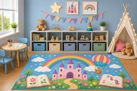 ICE ARMOR 5' x 7' Fairy Tale Castle Area Rug for Kids Playroom Nursery Bedroom, Rainbow Hot Air Balloon Storybook Cartoon Carpet, Non-Slip Silicone Backing Low Pile