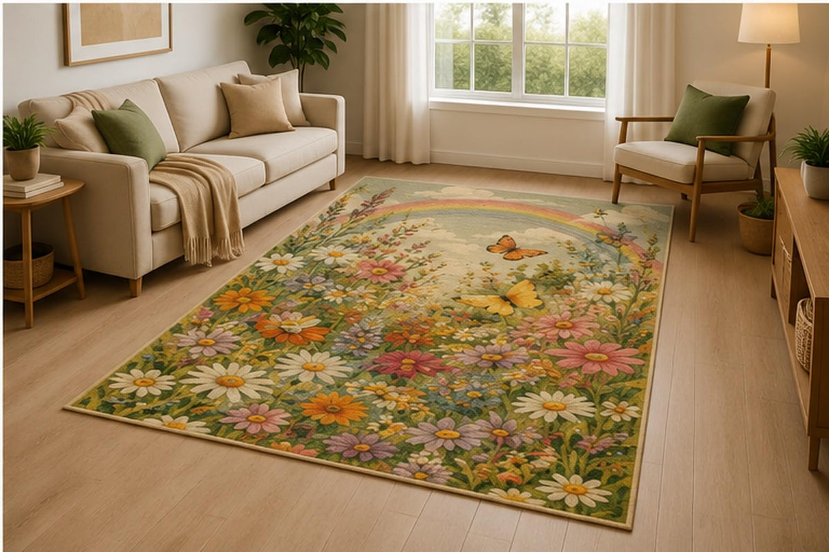 ICE ARMOR 5' x 7' Rainbow Wildflower Meadow Area Rug for Living Room, Soft Low Pile Indoor Rug with Non-Slip Silicone Backing, Bedroom, Nursery, Kids & Pets, Cream Multicolor
