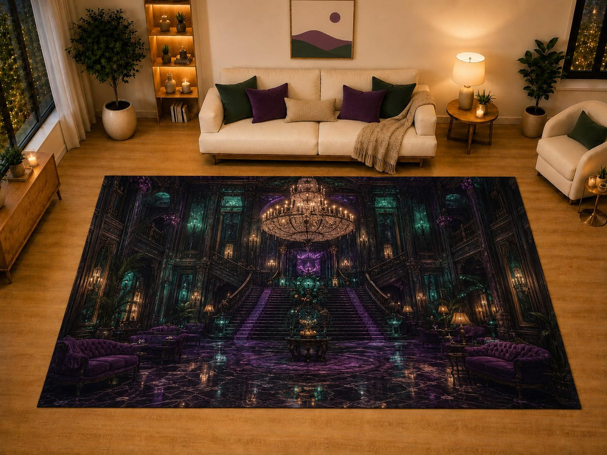 ICE ARMOR "Ultra Light Weight Large 6'7" x 9'10" Victorian Mansion Interior Gothic Area Rug for Living Room Bedroom Dining Area, Soft Low Pile Non-Slip Backing, Purple Teal Dark Academia Decor