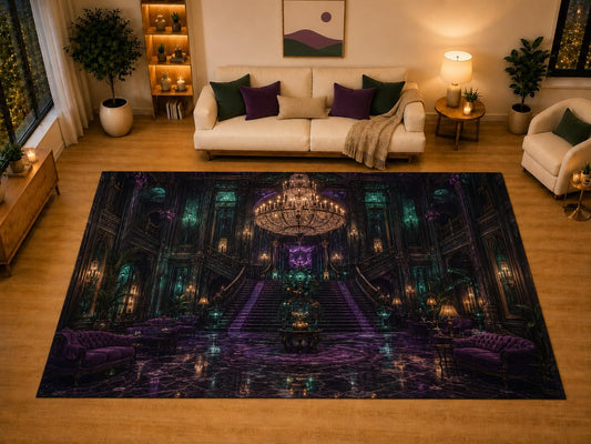 ICE ARMOR "Ultra Light Weight Large 6'7" x 9'10" Victorian Mansion Interior Gothic Area Rug for Living Room Bedroom Dining Area, Soft Low Pile Non-Slip Backing, Purple Teal Dark Academia Decor