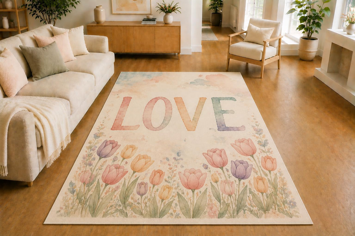 ICE ARMOR 5' x 7' Watercolor Tulip Love Area Rug, Soft Low Pile Indoor Rug with Non-Slip Silicone Backing for Living Room, Bedroom, Nursery, Kids Room, Family Room, Cream Pink Purple