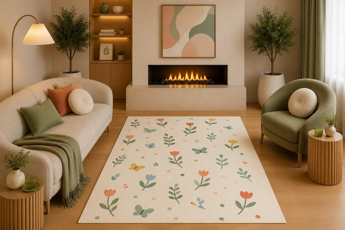 ICE ARMOR 5' x 7' Whimsical Botanical Area Rug Colorful Flowers Butterflies and Leaves for Living Room Bedroom Nursery Playroom Non-Slip Silicone Backing Low Pile