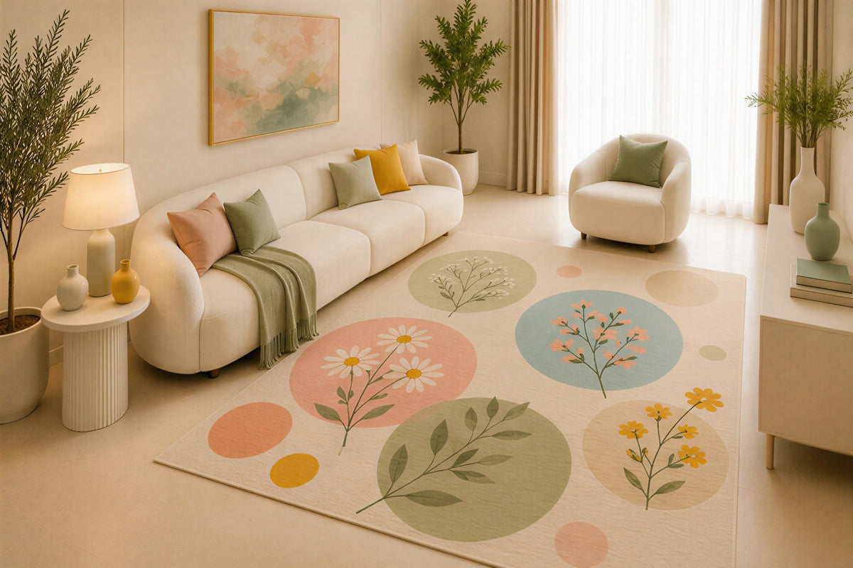 ICE ARMOR 5' x 7' Floral Botanical Area Rug, Pastel Wildflower Circle Design for Living Room Bedroom Nursery, Non-Slip Silicone Backing, Low Pile Carpet
