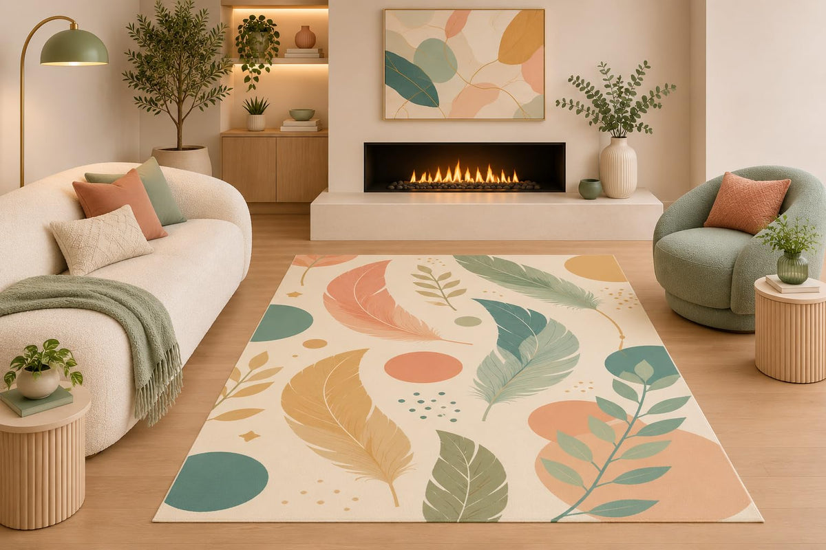 ICE ARMOR 5' x 7' Modern Botanical Feather Area Rug Scandinavian Nature Leaf Abstract Design for Living Room Bedroom Family Room Home Office Non-Slip Silicone Backing Low Pile