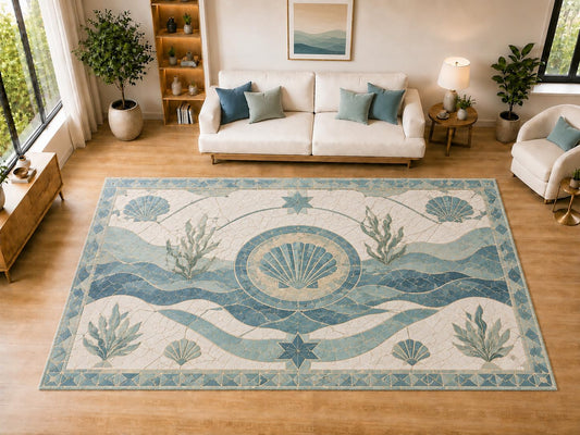 ICE ARMOR "Ultra Light Weight Large 6'7" x 9'10" Mosaic Ocean Shell Area Rug for Dining, Living Room, Bedroom, Soft Low Pile Indoor Rug with Non-Slip Silicone Backing, Aqua Blue