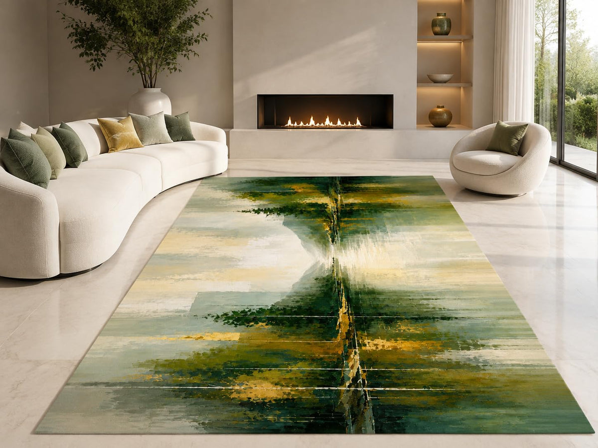 ICE ARMOR "Ultra Lightweight Large 6'7" x 9'10" Tree Reflection Area Rug for Living Room, Bedroom and Home Office, Soft Low Pile Carpet with Non-Slip Silicone Backing, Green and Cream