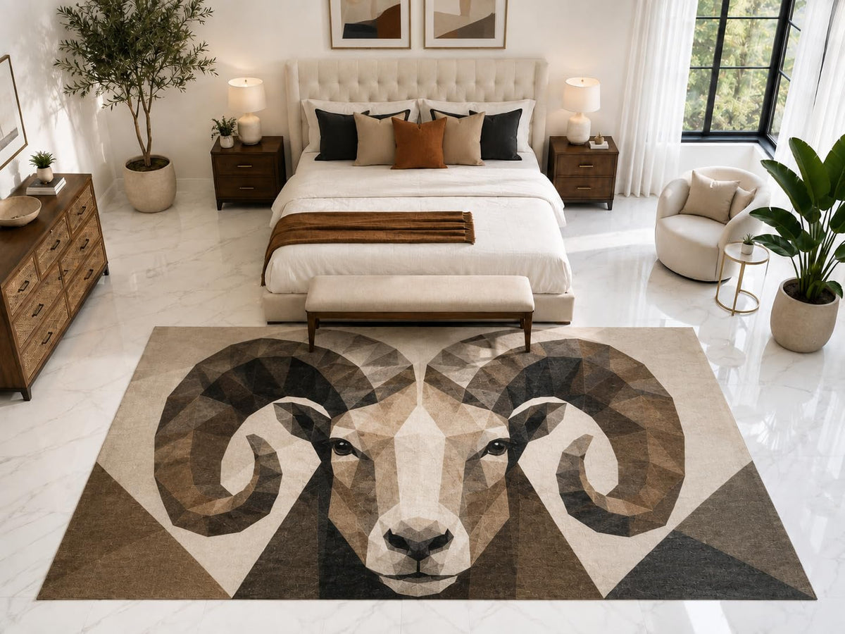 ICE ARMOR "Ultra Light Weight Large 6'7" x 9'10" Geometric Ram Rug, Soft Low Pile Indoor Rug, Non-Slip Silicone Backing for Bedroom Brown Beige