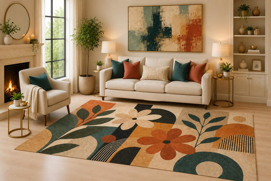 ICE Armor 6'7" x 9'10" Botanical Retro Shapes Area Rug for Living Room, Soft Low Pile Indoor Carpet with Non-Slip Silicone Backing, Floor Accent for Bedroom, Dining Area and Home Office, Multicolored