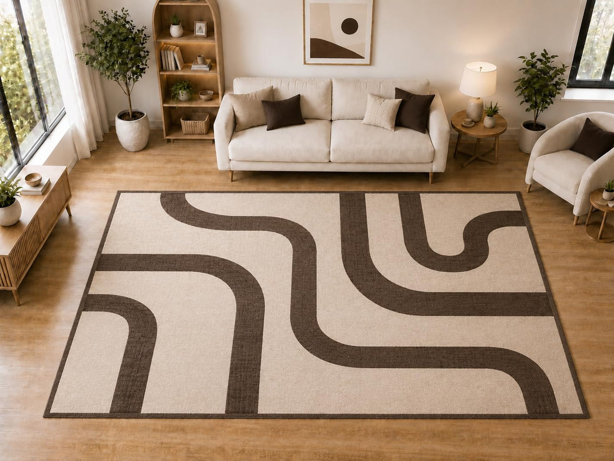 ICE ARMOR "Ultra Light Weight Large 6'7 x 9'10 Brown Curved Line Pattern Area Rug for Living Room Bedroom Dining Room Soft Low Pile Indoor Carpet Modern Neutral Floor Decor